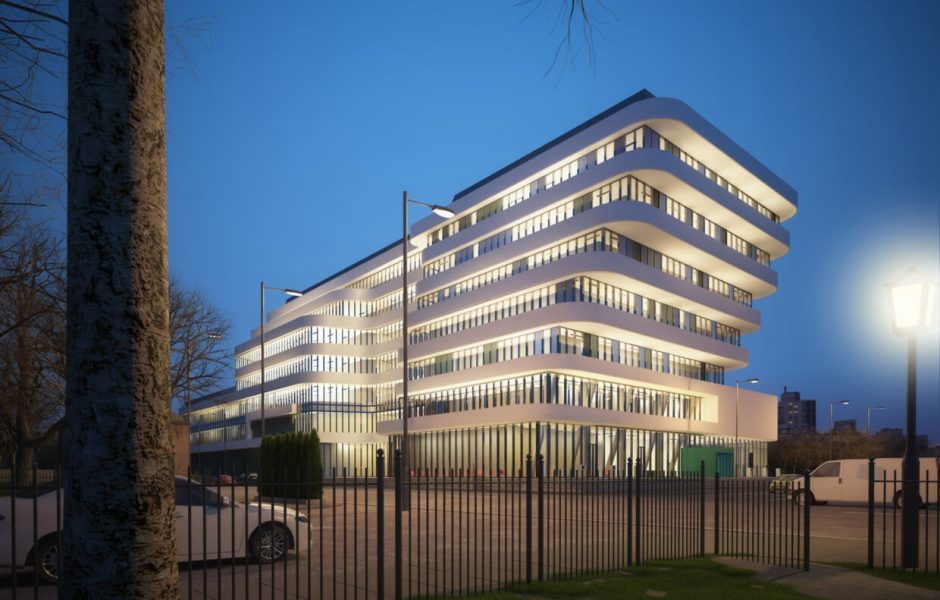 Office building design - Street view of the dynamic office building design, with an inviting ground floor that occupies the main lobby, a café and a few commercial spaces, the staggered white ribbons with composite panel cladding highlight each floor and give a modern corporate look to the office building, by InnoDez Design and Engineering.